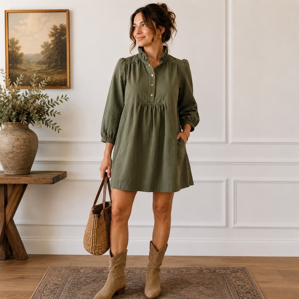 Pomander Place Claiborne Dress Olive Green Women L Puff Sleeve Tuckernuck Preppy